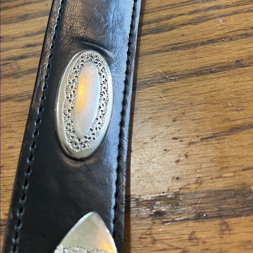 Leather black belt with double buckle silver hardware